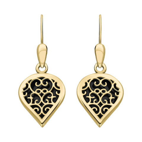 9ct Yellow Gold Whitby Jet Flore Filigree Heart Drop Earrings. E2588.