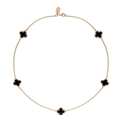9ct Rose Gold Whitby Jet Bloom Four Leaf Clover Long Necklace, N1128.