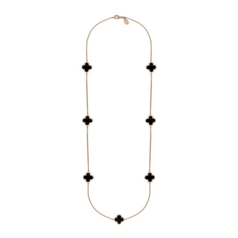 9ct Rose Gold Whitby Jet Bloom Four Leaf Clover Long Necklace, N1129.