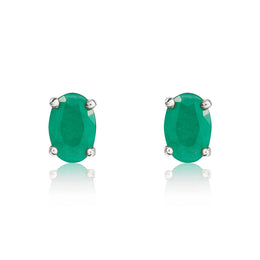 9ct White Gold Emerald 6x4mm Oval Claw Set Stud Earrings. 33-22-002.