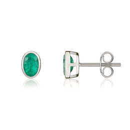 9ct White Gold Emerald 6x4mm Oval Rub Over Set Stud Earrings 33-22-066_2