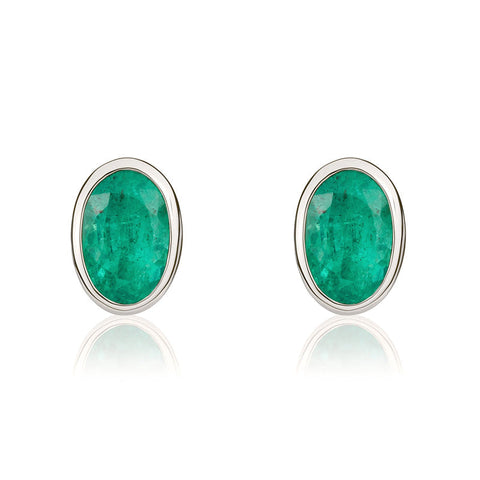 9ct White Gold Emerald 6x4mm Oval Rub Over Set Stud Earrings 33-22-066.