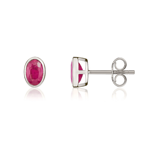9ct White Gold Ruby 6x4mm Oval Rub Over Set Stud Earrings 33-23-005.