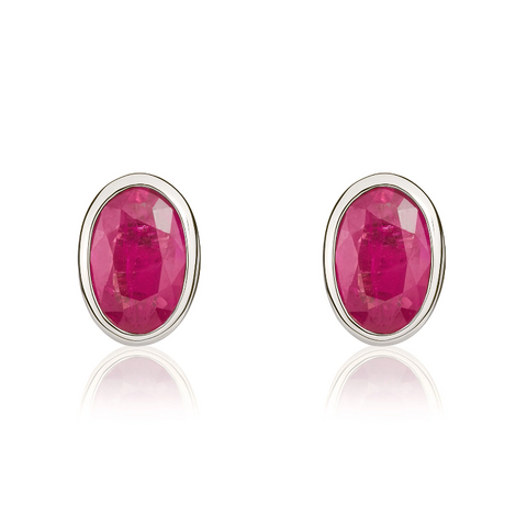 9ct White Gold Ruby 6x4mm Oval Rub Over Set Stud Earrings 33-23-005.