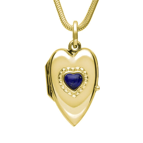9ct Yellow Gold Lapis Lazuli Beaded Edge Heart Locket Necklace. P2104.