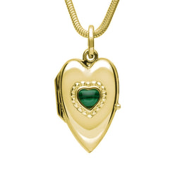 9ct Yellow Gold Malachite Beaded Edge Heart Locket Necklace. P2104.