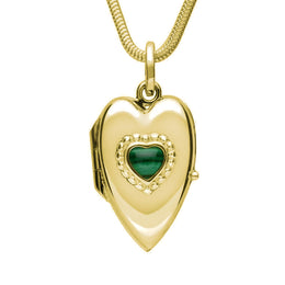 9ct Yellow Gold Malachite Beaded Edge Heart Locket Necklace. P2104.
