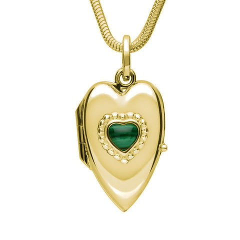 9ct Yellow Gold Malachite Beaded Edge Heart Locket Necklace. P2104.