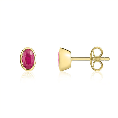 9ct Yellow Gold Ruby 5x3mm Oval Rub Over Set Stud Earrings. 33-23-017_2