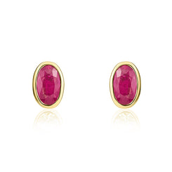9ct Yellow Gold Ruby 5x3mm Oval Rub Over Set Stud Earrings. 33-23-017.