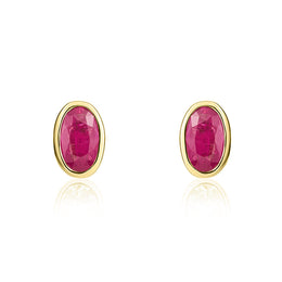 9ct Yellow Gold Ruby 5x3mm Oval Rub Over Set Stud Earrings. 33-23-017.