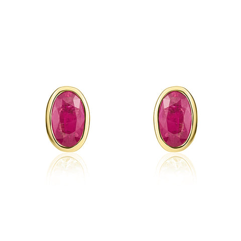 9ct Yellow Gold Ruby 5x3mm Oval Rub Over Set Stud Earrings. 33-23-017.