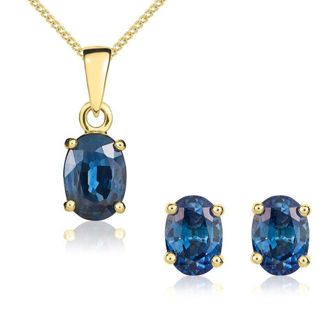 9ct Yellow Gold Sapphire 7x5mm Oval Claw Set Pendant and Stud Earrings Set. 62-55-005 33-21-029