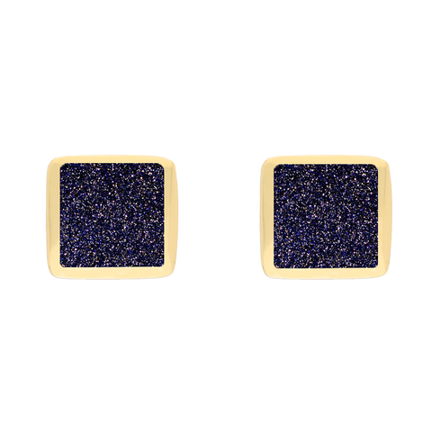 9ct Yellow Gold Sterling Silver Blue Goldstone Stepping Stones Square Stud Earrings E1295