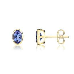 9ct Yellow Gold Tanzanite 6x4mm Oval Rub Over Set Stud Earrings