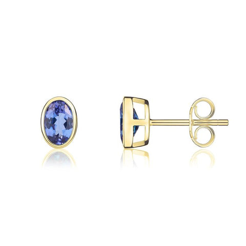 9ct Yellow Gold Tanzanite 6x4mm Oval Rub Over Set Stud Earrings