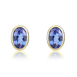 9ct Yellow Gold Tanzanite 6x4mm Oval Rub Over Set Stud Earrings. 33-24-002