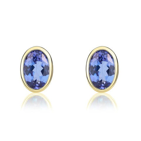 9ct Yellow Gold Tanzanite 6x4mm Oval Rub Over Set Stud Earrings. 33-24-002