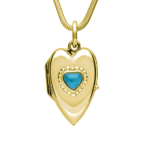 9ct Yellow Gold Turquoise Beaded Edge Heart Locket Necklace. P2104.9ct Yellow Gold Turquoise Beaded Edge Heart Locket Necklace. P2104.
