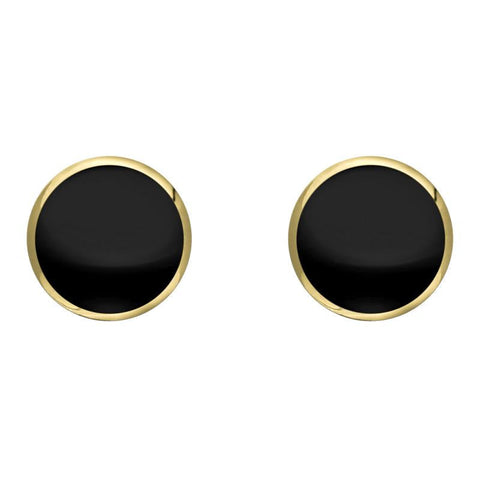 9ct Yellow Gold Whitby Jet 8mm Classic Large Round Stud Earrings, E004.