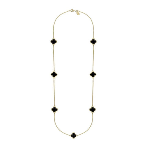 9ct Yellow Gold Whitby Jet Bloom Four Leaf Clover Long Necklace, N1129.