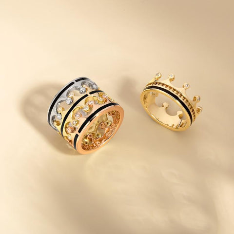 9ct Yellow Gold Whitby Jet Diamond Tiara Patterned Band Ring. R1222