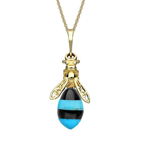 9ct Yellow Gold Whitby Jet Turquoise Bee Drop Necklace, P3143.