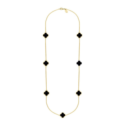 9ct Yellow Gold Whitby Jet Bloom Seven Stone Four Leaf Clover Chain Necklace, N1040.