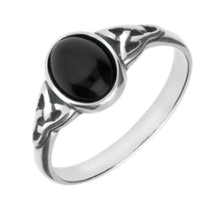 9ct White Gold Whitby Jet Oval Celtic Shoulder Ring R827