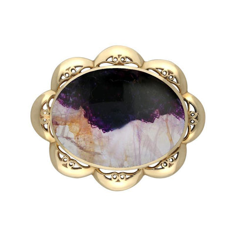 9ct Yellow Gold Blue John Oval Scalloped Edge Brooch M054