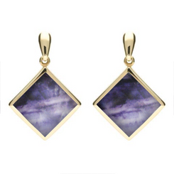 9ct Yellow Gold Blue John Rhombus Drop Earrings. E078.