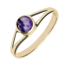 9ct Yellow Gold Blue John Round Split Shoulder Ring. R029.