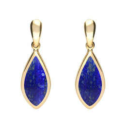 9ct Yellow Gold Lapis Lazuli Small Pointed Pear Drop Earrings. E686.