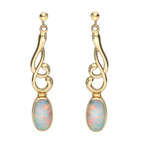 9ct Yellow Gold Opal Jet Scroll Drop Earrings E089B2
