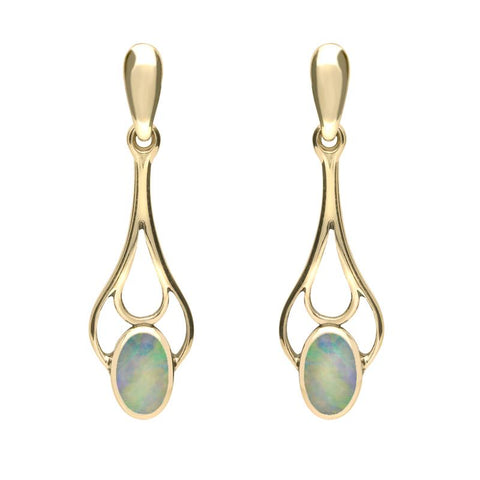 9ct Yellow Gold Opal Spoon Drop Earrings. E138.