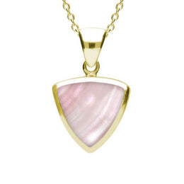 9ct Yellow Gold Pink Mother of Pearl Curved Triangle Necklace. P320.