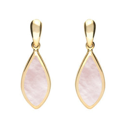 9ct Yellow Gold Pink Mother of Pearl Small Pointed Pear Drop Earrings E686.