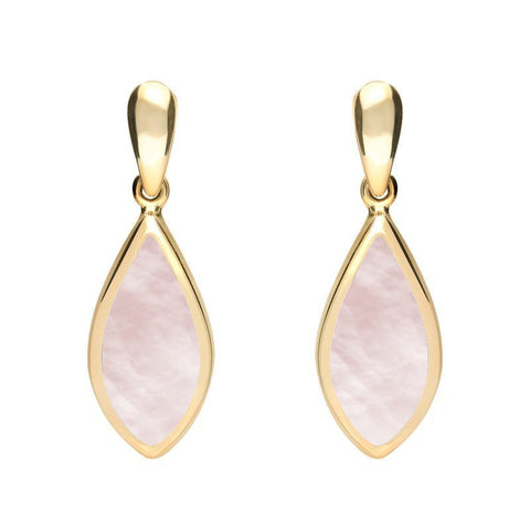 9ct Yellow Gold Pink Mother of Pearl Small Pointed Pear Drop Earrings E686.