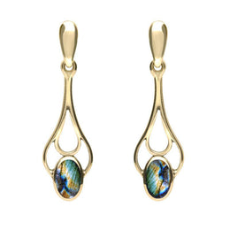 9ct Yellow Gold Spectrolite Spoon Drop Earrings, E138.