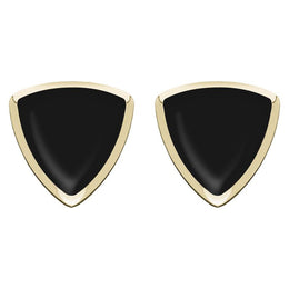 9ct Yellow Gold Whitby Jet Curved Triangle Stud Earrings. E203.