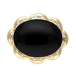 9ct Yellow Gold Whitby Jet Framed Frill Edge Oval Brooch. M016.