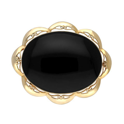 9ct Yellow Gold Whitby Jet Framed Frill Edge Oval Brooch. M016.