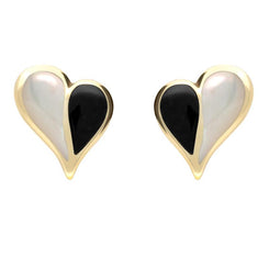 9ct Yellow Gold Whitby Jet White Mother of Pearl Split Heart Stud Earrings E364