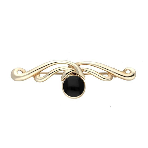 9ct Yellow Gold Whitby Jet Willow Drop Bar Brooch. M116.