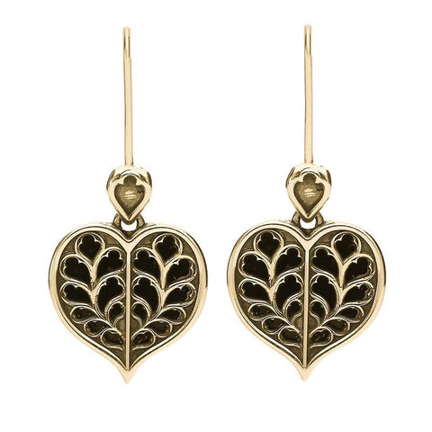 9ct Yellow Gold Whitby Jet York Minster Heart Hook Earrings. E2385.