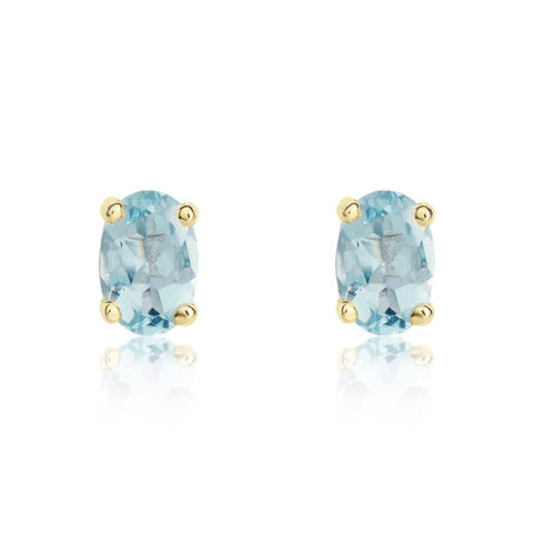9ct Yellow Gold Aquamarine 6x4mm Oval Claw Set Stud Earrings. 33-25-059.