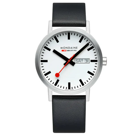 Mondaine Classic Day Date Black Vegan Leather Watch