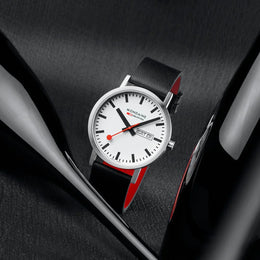 Mondaine Classic Day Date Black Vegan Leather Watch