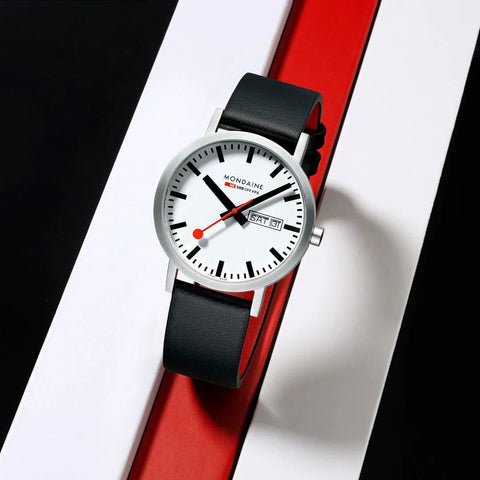 Mondaine Classic Day Date Black Vegan Leather Watch