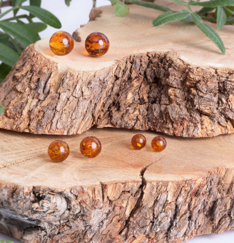 Sterling Silver Amber 6mm Round Stud Earrings Free Gift